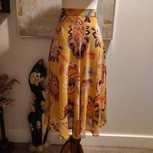 T Tahari Chiffon Skirt High Waist Bias Cut Yellow Floral Paisley Y2K Romantic